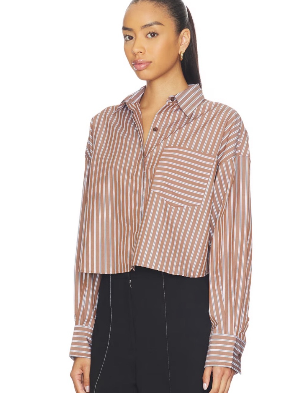 NWT Rag & Bone Brown and White Striped Cropped Button-Down Shirt size Small